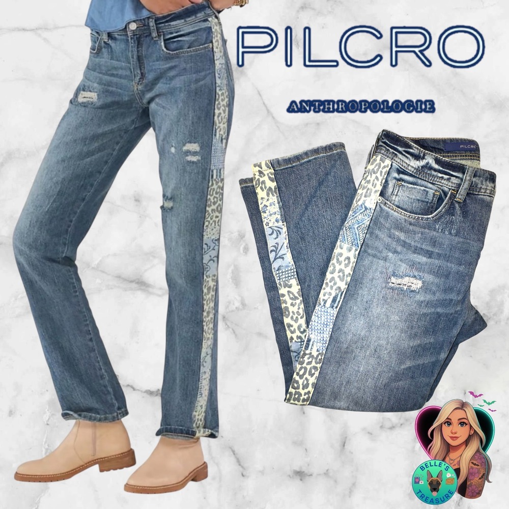 Pilcro Jeans Womens 25P Slim Boyfriend Crop Blue Leopard‎ Patchwork Baggy 30x27